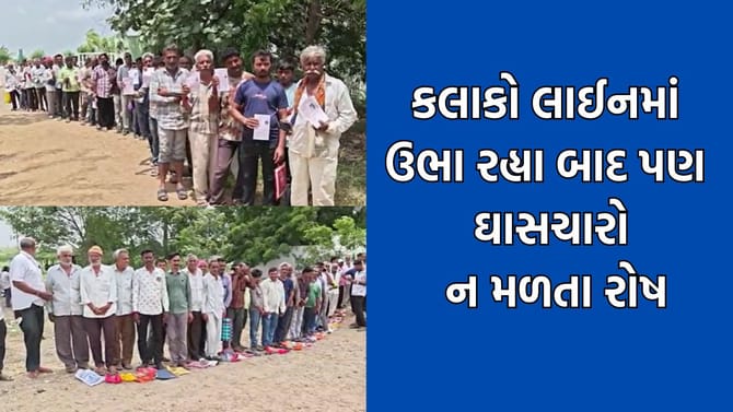 કલાકો લાઈનમાં ઉભા રહ્યા બાદ ખંભાળિયાના ખેડૂતોને ઘાસચારો ન મળતા રોષ