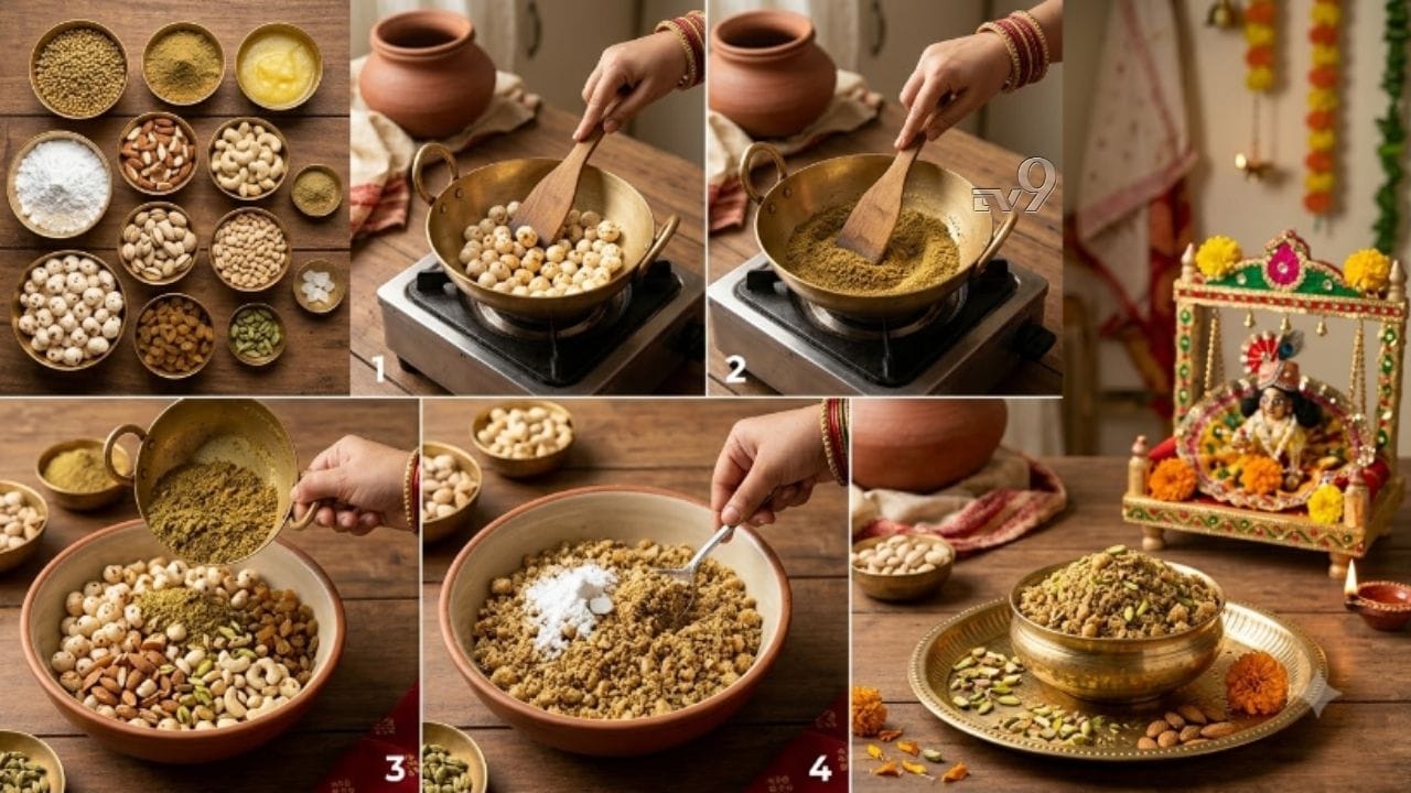 પંજરી ખાવાના સ્વાસ્થ્ય લાભ: પંજરી માત્ર ધાર્મિક દ્રષ્ટિએ જ મહત્વપૂર્ણ નથી, પરંતુ પોષક તત્વોથી પણ ભરપૂર છે. ધાણા, મખાના, ડ્રાયફ્રૂટ્સ અને શુદ્ધ ઘીનું મિશ્રણ શરીરને ત્વરિત ઉર્જા પ્રદાન કરે છે. ઉપવાસ દરમિયાન તે નબળાઈ દૂર કરવામાં મદદરૂપ બને છે. મખાના અને ડ્રાયફ્રૂટ્સ શક્તિ આપે છે, જ્યારે ધાણા પેટની ગરમી શાંત કરી પાચનતંત્રને સુધારે છે.