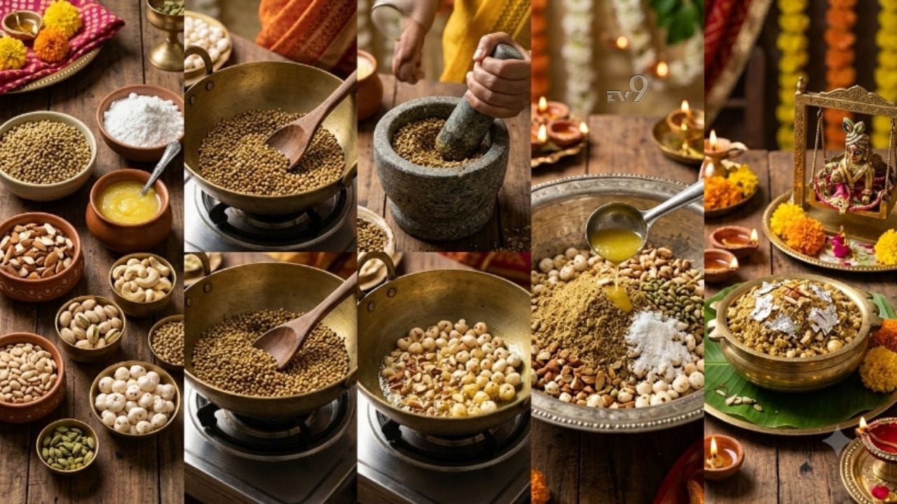 પંજરી બનાવવા માટેની સામગ્રી: સવા કપ આખા સૂકા ધાણાનો તાજો પીસેલો પાવડર, અડધો કપ મખાના, ઝીણા સમારેલા ડ્રાયફ્રૂટ્સ (કાજુ, બદામ, પિસ્તા), 1 ચમચી ચારોળી (ચિરોંજી), અડધો કપ કરકરી પીસેલી ખાંડ અથવા બૂરું ખાંડ, 1/4 કપ ઝીણું સમારેલું સૂકું નાળિયેર (કોપરું), અડધો કપ શુદ્ધ દેશી ઘી.