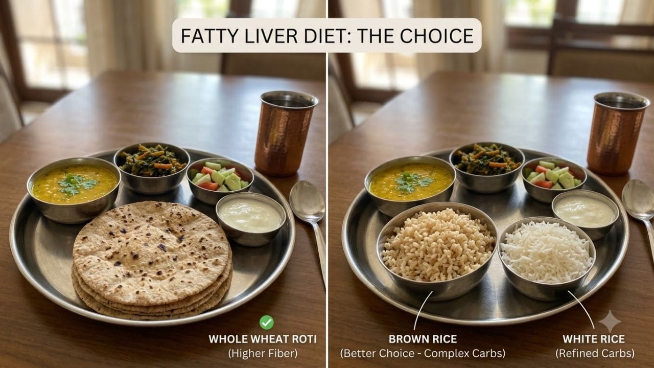 આહારમાં કઈ બાબતોનું ધ્યાન રાખવું? વ્યવહારુ રીતે ફેટી લિવર ધરાવતા દર્દીઓ રોજિંદા આહારમાં ઘઉં, જુવાર કે બાજરીની રોટલીને પ્રાથમિકતા આપી શકે છે. ભાત ખાવા હોય તો તેનું પ્રમાણ ઓછું રાખો અને સફેદ ભાતને બદલે આખા અનાજનો વિકલ્પ પસંદ કરો. સાથે દાળ, અન્ય પ્રોટીન અને પુષ્કળ શાકભાજી અચૂક સામેલ કરો.