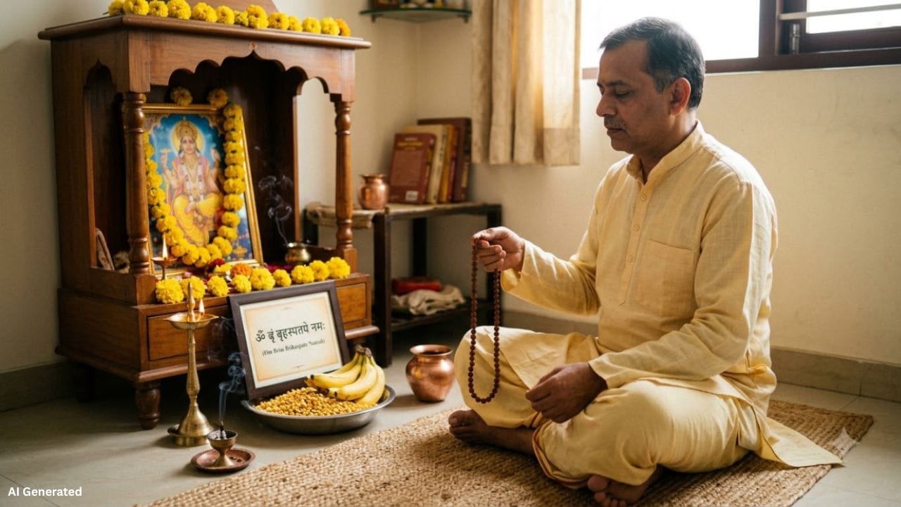 જ્યોતિષીય માન્યતા અનુસાર ગુરુ ગ્રહને લગતા ઉપાયોમાં મંત્રજાપને પણ મહત્વ આપવામાં આવે છે. સવારે સ્નાન કર્યા પછી શાંત જગ્યાએ બેસીને “ૐ બ્રિમ બૃહસ્પતે નમઃ” મંત્રનો જાપ કરી શકાય છે. પોતાની શ્રદ્ધા પ્રમાણે આ મંત્રનો 11, 21 અથવા 108 વખત જાપ કરવો શુભ માનવામાં આવે છે. ગુરુ ગ્રહને જ્ઞાન અને શિક્ષણનો કારક માનવામાં આવતો હોવાથી જરૂરિયાતમંદ બાળકોના અભ્યાસમાં મદદ કરવી પણ સારો ઉપાય ગણાય છે. વિદ્યાર્થીઓને પુસ્તકો, નોટબુક, પેન અથવા અન્ય જરૂરી શૈક્ષણિક સામગ્રી આપીને તેમની શિક્ષણયાત્રામાં સહયોગ આપી શકાય છે.