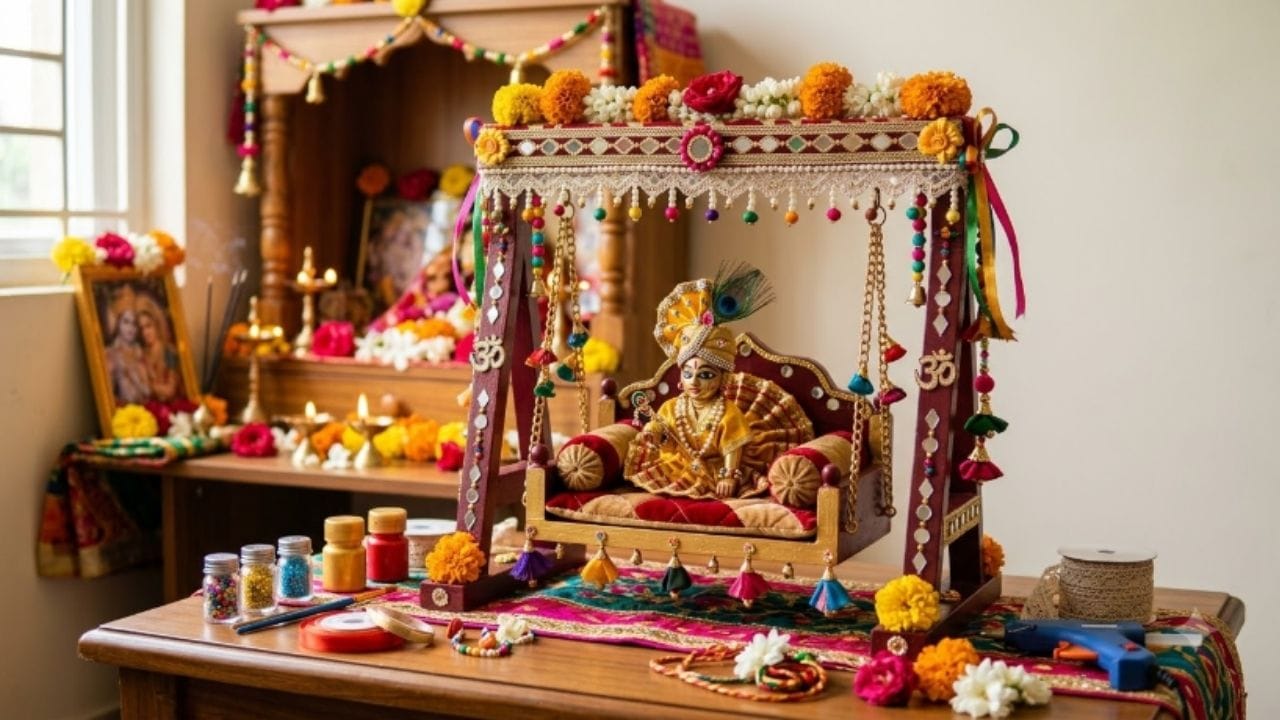 સ્ટેપ 4 (સજાવટ): હવે ઝૂલાના તળિયે સુંદર વેલ્વેટ કે રેશમી કાપડ પાથરીને નાનું કુશન મૂકો. ત્યારબાદ ઝૂલાની ચારેય બાજુ મોતીવાળી લેસ, ગોટા, રિબન અને આર્ટિફિશિયલ ફૂલોથી સજાવટ કરો. આકર્ષક લુક આપવા માટે સાથે એક સુંદર મોરપીંછ પણ લગાવી શકો છો.