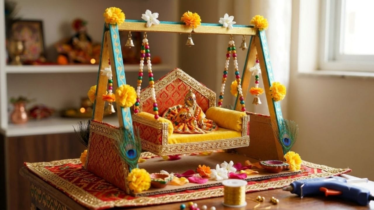સ્ટેપ 5 (ઠાકોરજીને બિરાજમાન કરવા): સજાવટ પૂર્ણ થયા પછી ઝૂલાને કોઈ મજબૂત સ્ટેન્ડ કે સ્થિર જગ્યાએ લટકાવો. ત્યારબાદ લડ્ડુ ગોપાલને નવા વસ્ત્રો અને આભૂષણો પહેરાવીને પ્રેમપૂર્વક ઝૂલામાં બિરાજમાન કરો.