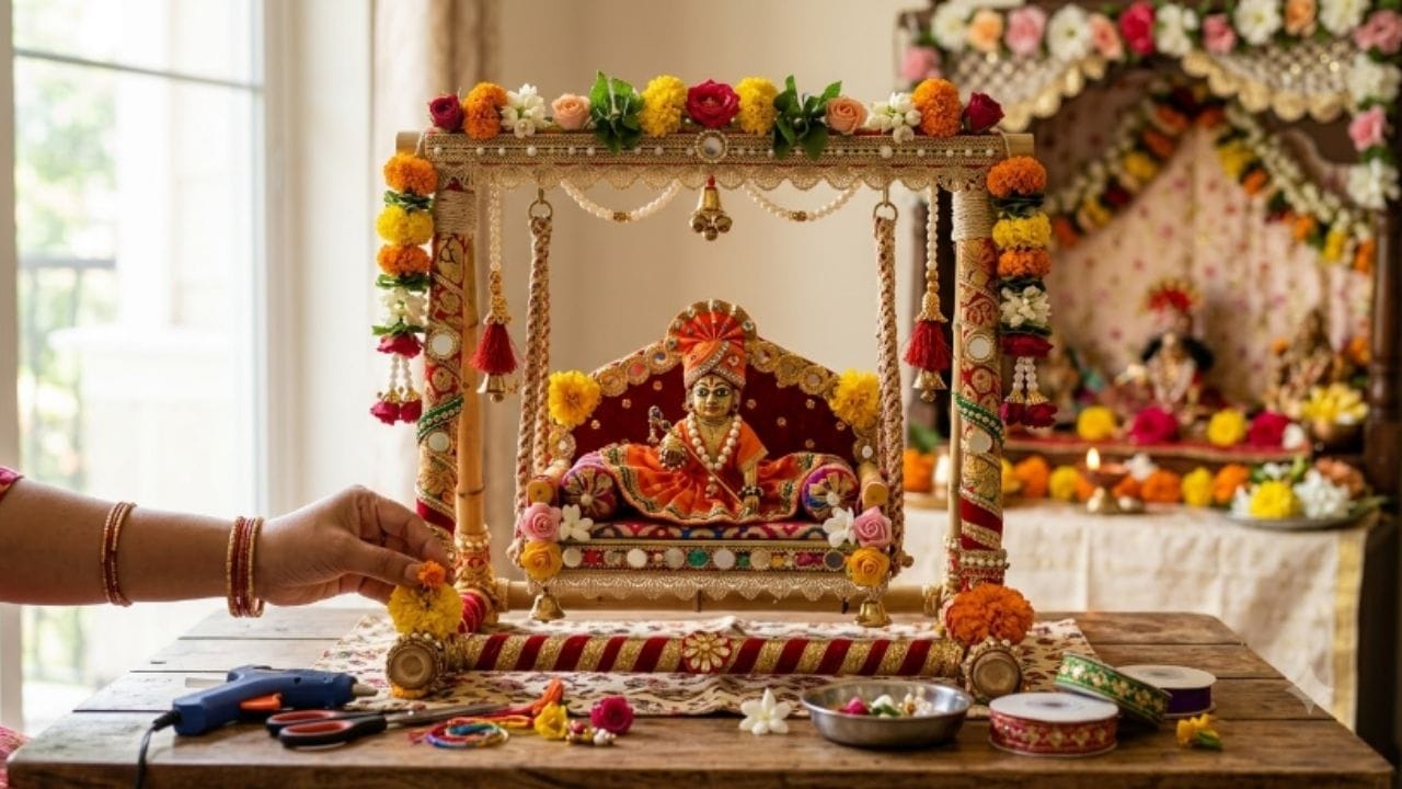 ઠાકોરજી માટે સુંદર પારણાં બજારમાં સરળતાથી મળી રહે છે, પરંતુ તમે તેને ઘરે પણ સરળતાથી બનાવી શકો છો. આ માટે બહુ વધારે સામાન કે મહેનતની જરૂર પડતી નથી. તમે કાર્ડબોર્ડ અને આઈસ્ક્રીમ સ્ટિકની મદદથી આકર્ષક ઝૂલો બનાવી શકો છો (ધ્યાન રહે કે આઈસ્ક્રીમ સ્ટિક નવી અને સ્વચ્છ હોવી જોઈએ).