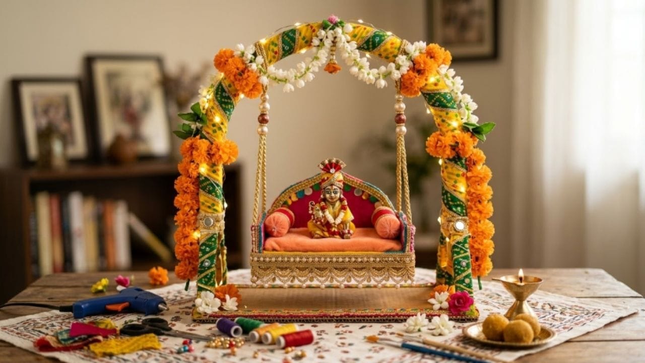 ઝૂલો બનાવવા માટે જરૂરી સામગ્રી: જાડું કાર્ડબોર્ડ, આઈસ્ક્રીમ સ્ટિક્સ (સ્વચ્છ/નવી), મજબૂત દોરો અથવા સુશોભિત રિબન, ફેવિકોલ અથવા હોટ ગ્લુ, કાતર અથવા કટર, રંગીન કાગળ અથવા સુંદર કાપડ, મોતીવાળી લેસ અથવા ગોટા-પટ્ટી, આર્ટિફિશિયલ ફૂલ અને પાંદડાં, નાનું કુશન અથવા નરમ ગાદી.