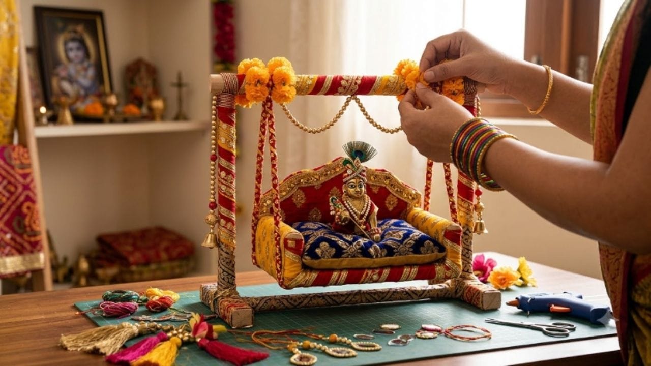 સ્ટેપ 3 (દોરી બાંધવી): બેઝના ચારેય ખૂણા પર સરખા અંતરે સાવચેતીપૂર્વક નાના કાણાં પાડો. આ કાણાંમાંથી સરખી લંબાઈના મજબૂત રિબન કે દોરા પરોવીને મજબૂત ગાંઠ બાંધો. ચારેય દોરીઓને ઉપર એકસાથે લાવીને મજબૂતાઈથી બાંધી દો જેથી ઝૂલો લટકાવતી વખતે નમે નહીં.