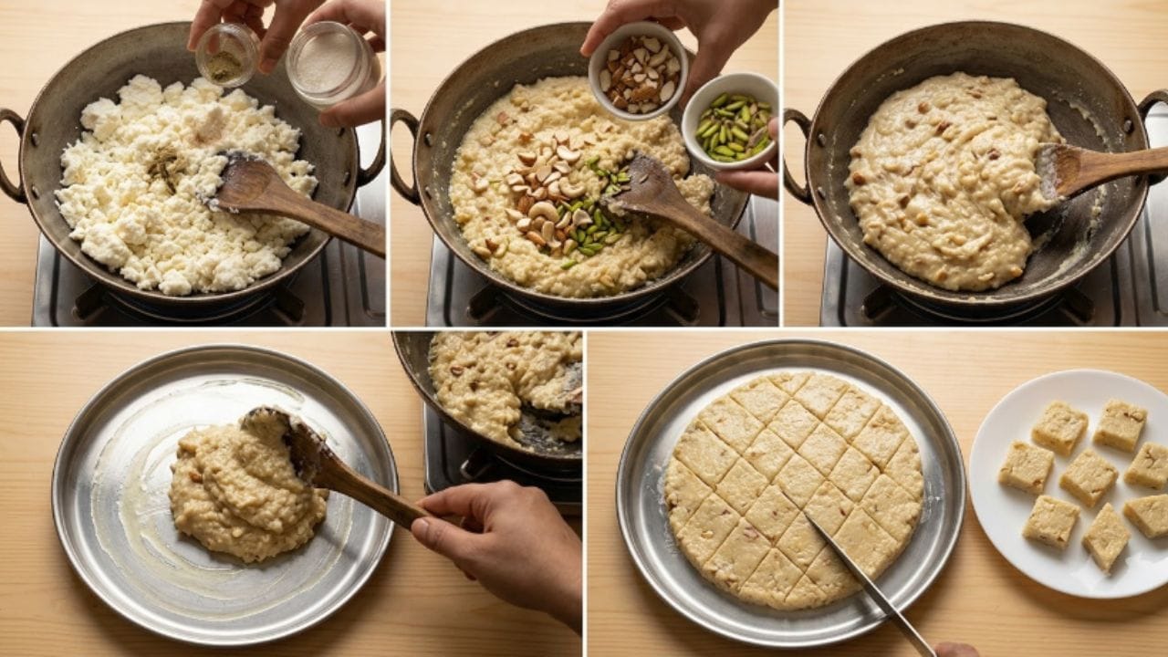 ફાટેલા દૂધની દેશી મીઠાઈ (કલાકાંદ જેવો સ્વાદ):  ગાળેલા દૂધના નક્કર ભાગ (છેના) ને એક કડાઈમાં મૂકી ધીમી આંચ પર સતત હલાવતા રહો. તેમાં સ્વાદ મુજબ ખાંડ અને એલચી પાવડર ઉમેરો. મિશ્રણ ઘટ્ટ થવા લાગે ત્યારે કાજુ, બદામ કે પિસ્તાના ટુકડા ઉમેરો. મિશ્રણ કડાઈ છોડવા લાગે ત્યાં સુધી હલાવો. એક થાળી કે પ્લેટમાં ઘી લગાવી આ મિશ્રણ પાથરી દો. ઠંડુ થાય એટલે મનપસંદ આકારમાં પીસ કાપી લો.