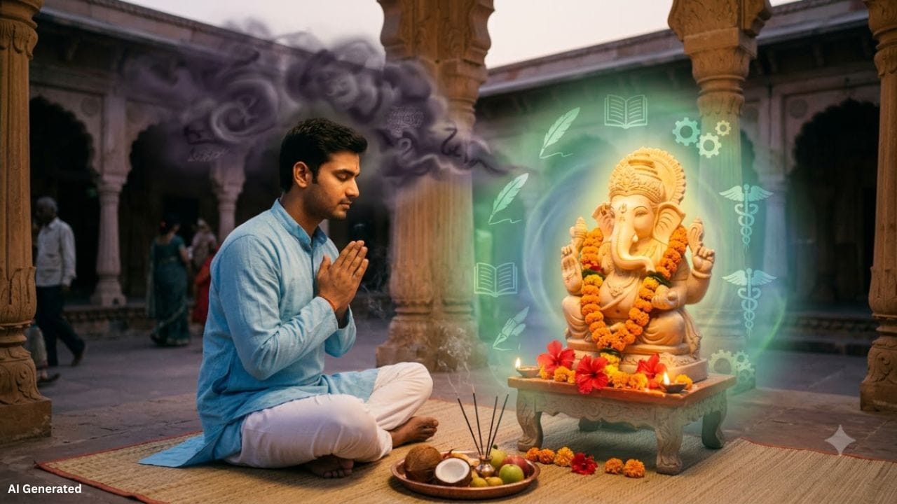 ભગવાન ગણેશની પૂજા શરૂ કરતા પહેલાં પૂજાના સ્થળે હળદર અને કુમકુમથી શુભ ચિહ્ન કરવું પરંપરાગત રીતે શુભ માનવામાં આવે છે. તેને ગણેશજીની પત્નીઓ રિદ્ધિ અને સિદ્ધિ સાથે જોડવામાં આવે છે. ત્યારબાદ ગણેશજીને દુર્વા અર્પણ કરવાની પરંપરા છે. ખાસ કરીને 7, 9 અથવા 11 દુર્વા ચઢાવવી શુભ માનવામાં આવે છે. પ્રસાદ માટે ખાસ સામગ્રી ઉપલબ્ધ ન હોય તો ગણેશજીને ગોળ અને ચણા પણ અર્પણ કરી શકાય છે. ધાર્મિક માન્યતા મુજબ, ગોળ-ચણાનો આ સરળ પ્રસાદ ગણેશજીને પ્રિય માનવામાં આવે છે. ( નોંધ :ટીવી9 કોઈ પણ પ્રકારે અંધશ્રદ્ધાને પ્રોત્સાહન આપતુ નથી. આ અહેવાલ માત્ર ધાર્મિક માન્યતા અને લોકોમાં પ્રચલિત માન્યતા, રીત રિવાજને આધારે રજૂ કરવામાં આવેલ છે. )