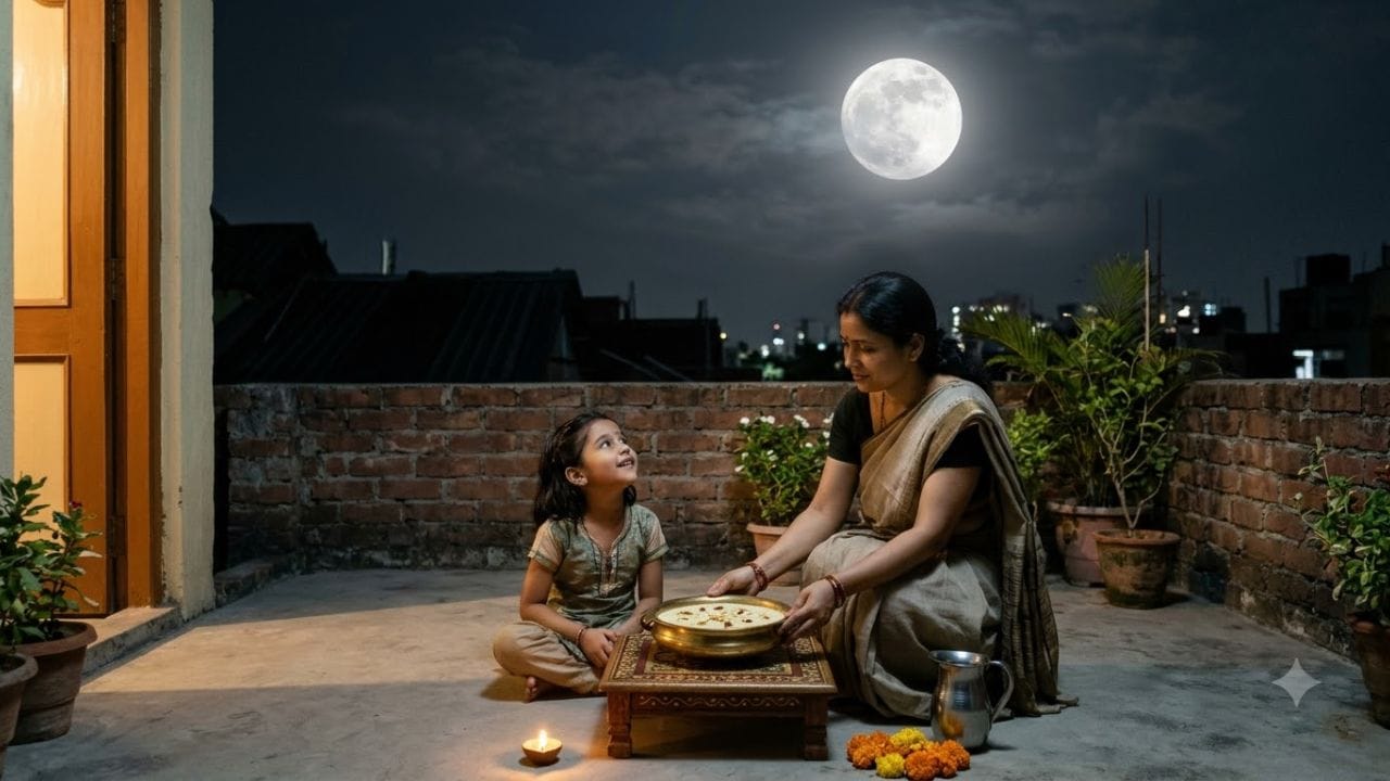 શરદ પૂર્ણિમાની રાત્રે ચંદ્રોદય થયા પછી ચાંદી અથવા તાંબાના લોટામાં શુદ્ધ જળ, કાચું દૂધ, અક્ષત (ચોખા) અને સફેદ ફૂલ મિક્સ કરો. ત્યારબાદ ચંદ્રદેવને અર્ઘ્ય અર્પણ કરો. અર્ઘ્ય આપતી વખતે ‘ૐ સોમાય નમઃ’ મંત્રનો જાપ કરવો. માનવામાં આવે છે કે આ ઉપાયથી મનને શાંતિ મળી શકે છે અને ચંદ્રદેવની કૃપા પ્રાપ્ત થઈ શકે છે. (Image Source | AI Generated)
