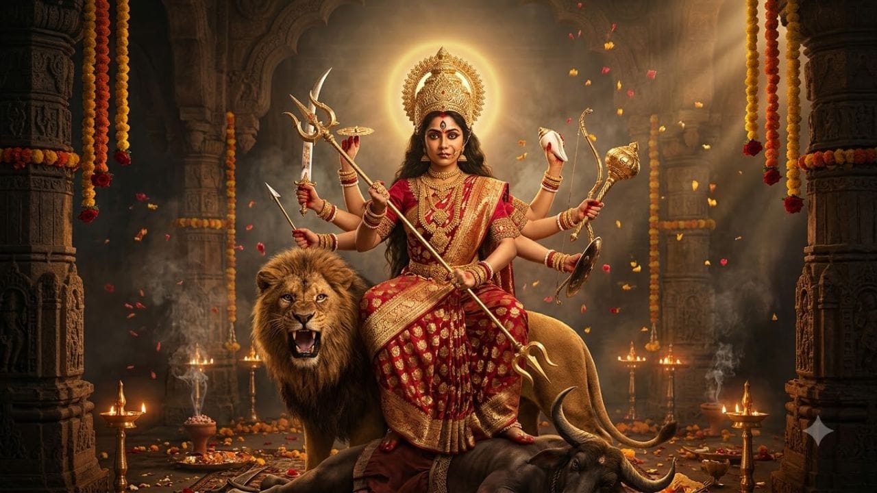 માતા મહાગૌરી : જ્યારે પુત્રીના વાળ સફેદ થાય છે અને પોતાના બાળકો અને પરિવારને આશીર્વાદ આપે છે, ત્યારે તે મહાગૌરી બને છે. મા મહાગૌરીને દેવી દુર્ગાનું આઠમું સ્વરૂપ માનવામાં આવે છે. (Image Source | AI Generated)