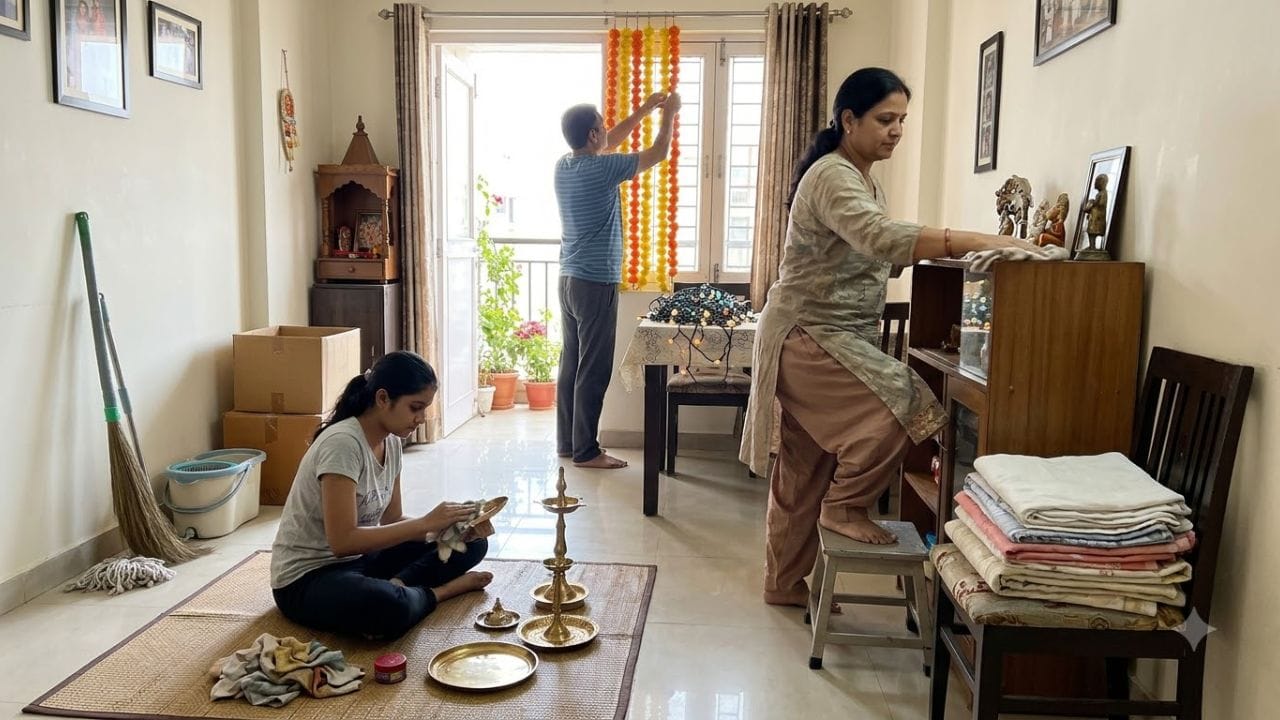 આપણાં કબાટમાં ઘણી વખત જૂનાં, ફાટેલાં અને લાંબા સમયથી ઉપયોગમાં ન લેવાતાં કપડાંનો ઢગલો થઈ જાય છે. ધાર્મિક માન્યતાઓ અનુસાર, આવા કપડાં ઘરમાં રાખવા અશુભ માનવામાં આવે છે. દિવાળી પહેલાં કપડાંનું કબાટ વ્યવસ્થિત કરો. સારી સ્થિતિમાં હોય તેવાં કપડાં જરૂરિયાતમંદોને આપી શકાય છે, જ્યારે ફાટેલાં અને બિનઉપયોગી કપડાંનો યોગ્ય નિકાલ કરવો જોઈએ. આથી ઘરમાં જગ્યા વધશે અને સફાઈ જાળવવામાં પણ સરળતા રહેશે. (Image Source | AI Generated)