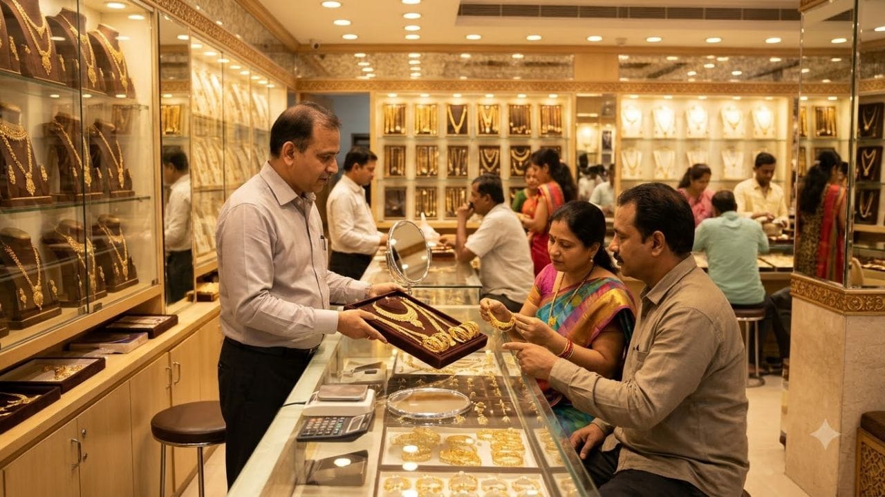 આજના ટ્રેડિંગ સેશનમાં સોનાના ભાવમાં સારી એવી હલચલ જોવા મળી છે. સોનાનો આજના દિવસનો નીચલો સ્તર (Day's Low) ₹1,45,667.00 નોંધાયો છે, જ્યારે ઉપલો સ્તર (Day's High) ₹1,46,532.00 સુધી પહોંચ્યો હતો. અગાઉ સોનું ₹1,46,519.00 પર બંધ થયું હતું અને આજે બજાર ખૂલતી વખતે તે ₹1,46,328.00 ના સ્તરે ઓપન થયું હતું. (Image Source | AI Generated)
