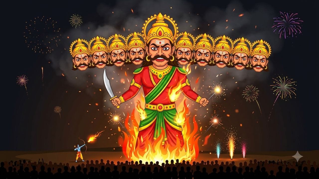એક લોકપ્રિય આધ્યાત્મિક અર્થઘટન અનુસાર, રાવણનાં દસ માથાં એવી નકારાત્મક માનવીય વૃત્તિઓનું પ્રતીક છે, જે વ્યક્તિની બુદ્ધિ અને નૈતિક સમજ પર હાવી થઈ શકે છે. આ વૃત્તિઓમાં કામવાસના, ક્રોધ, લોભ, આસક્તિ, અહંકાર, ઈર્ષ્યા, મદ, અન્યાય, ક્રૂરતા અને શક્તિનો દુરુપયોગ જેવી બાબતોનો સમાવેશ કરવામાં આવે છે. (Image Source | AI Generated)