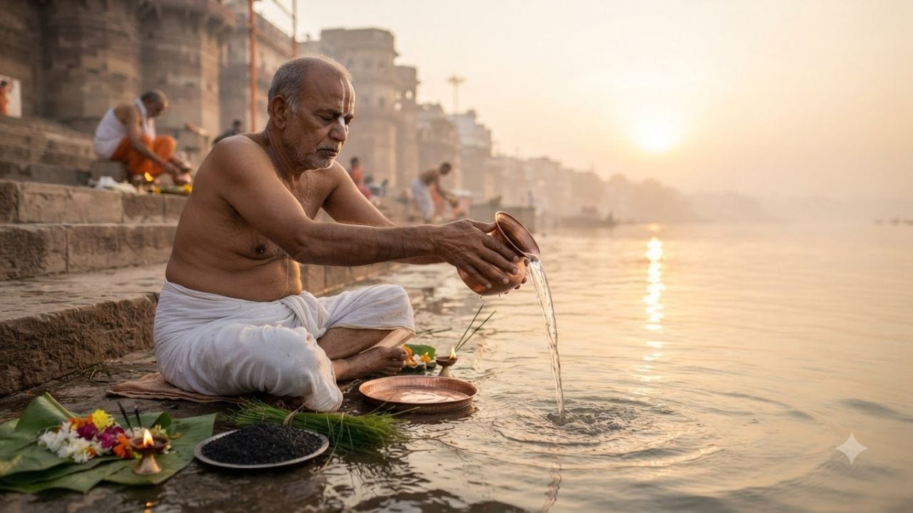 પિતૃપક્ષ દરમિયાન પૂર્વજોની આત્માની શાંતિ માટે જળ ચઢાવવામાં આવે છે. જેને તર્પણ પણ કહેવાય છે. હિન્દુ ધર્મમાં પૂર્વજોને તર્પણ કરવું ખૂબ મહત્વનું છે. (Image Source | AI Generated)