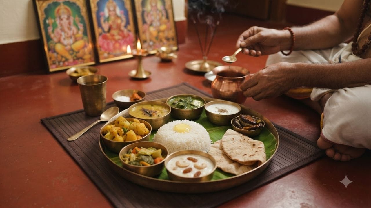 શ્રાદ્ધ વિધિ દરમિયાન અર્પણ કરાયેલ ભોજન, અથવા પંચબલી ભોગ, પૂર્વજોને સંદેશ આપે છે. ગાય, કાગડો, કૂતરો, કીડી અને દેવતાઓ માટે ખોરાકનો એક ભાગ અલગ રાખવામાં આવે છે. (Image Source | AI Generated)