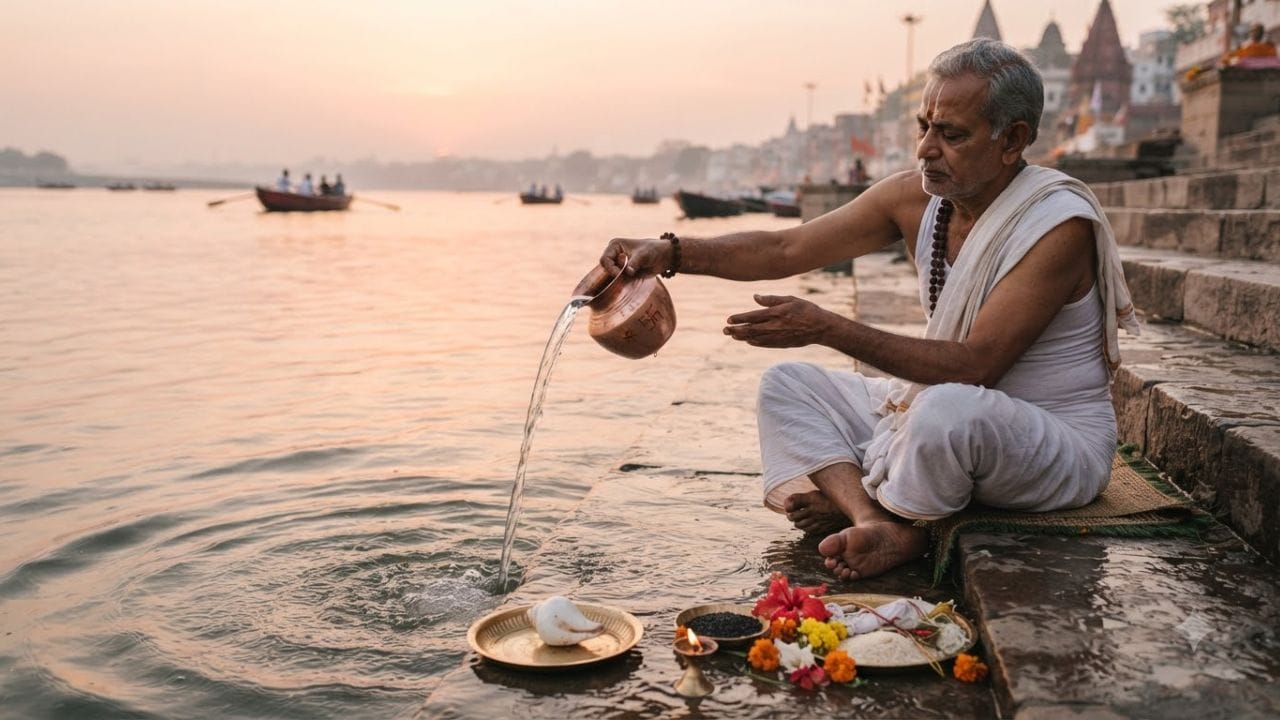 પૂર્વજોને જળ ચઢાવતી વખતે દિશાનું ધ્યાન રાખવું જોઈએ. ધાર્મિક માન્યતા મુજબ, દક્ષિણ દિશામાં મોઢું રાખીને પૂર્વજોને જળ ચઢાવવું જોઈએ. હિન્દુ ધર્મમાં દક્ષિણ દિશાને પૂર્વજો સાથે જોડાયેલી દિશા ગણવામાં આવે છે. (Image Source | AI Generated)