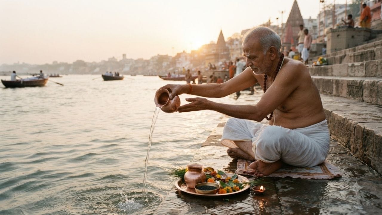 દક્ષિણ દિશામાં મોઢું રાખીને પૂર્વજોને યાદ કરીને શ્રદ્ધાપૂર્વક જળ ચઢાવો. જ્યાં જળ ચઢાવવામાં આવે છે તે જગ્યા સ્વચ્છ અને ચોખ્ખી હોવી જોઈએ. (Image Source | AI Generated)