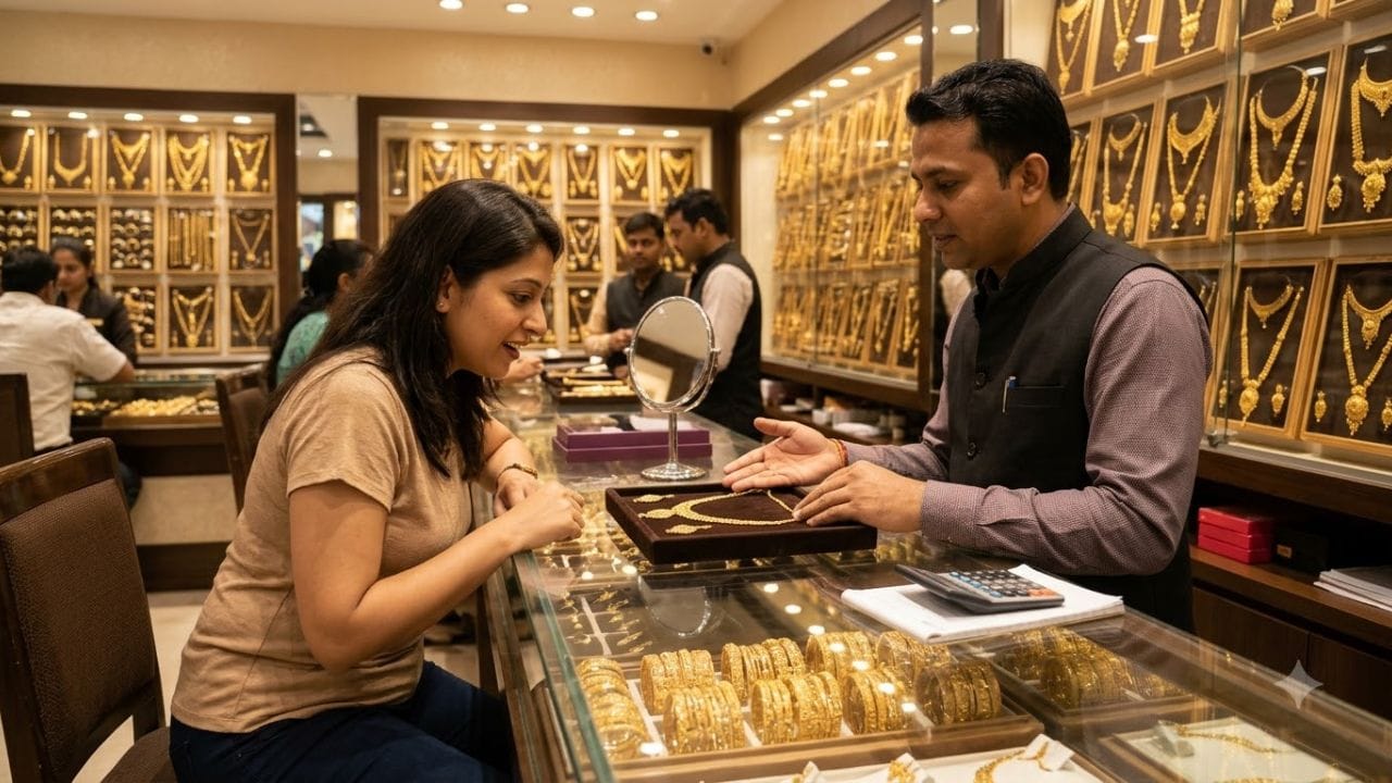 દિલ્હીમાં 24 કેરેટ સોનાનો ભાવ ₹1,43,450 પ્રતિ 10 ગ્રામ છે, જ્યારે 22 કેરેટ સોનાનો ભાવ ₹1,31,510 પ્રતિ 10 ગ્રામ નોંધાયો છે. મુંબઈ અને કોલકાતામાં 22 કેરેટ સોનાનો ભાવ ₹1,31,360 પ્રતિ 10 ગ્રામ છે. જ્યારે 24 કેરેટ સોનાનો ભાવ ₹1,43,300 પ્રતિ 10 ગ્રામ છે. (Image Source | AI Generated)