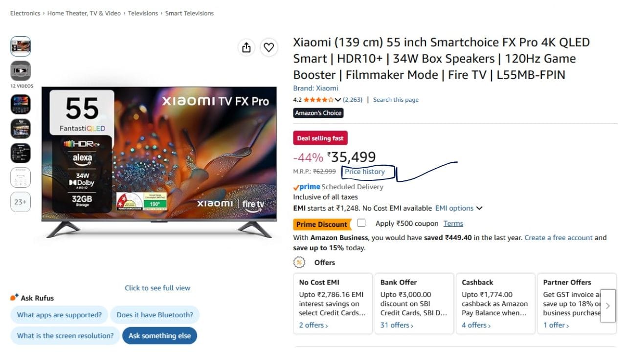Amazon India પર કોઈ પણ વસ્તુ ખરીદતાં પહેલાં તેની કિંમત તપાસો. પ્રોડક્ટની કિંમતની નજીક તમને Price History નામનો વિકલ્પ જોવા મળી શકે છે. તેના પર ક્લિક કરો. આ વિકલ્પની મદદથી તમે જાણી શકશો કે પ્રોડક્ટની અગાઉની કિંમત કેટલી હતી અને હાલની કિંમતમાં કેટલો ઘટાડો થયો છે. (Image Source | Amazon)