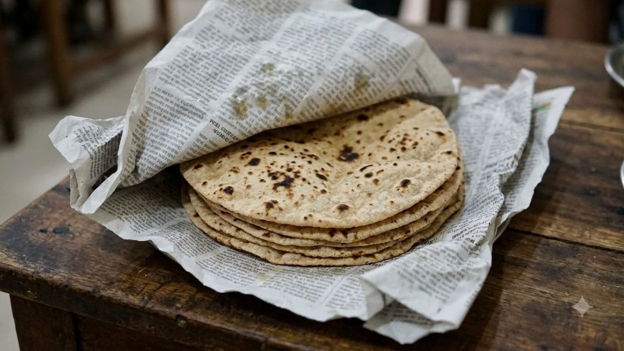 આ ઉપરાંત, શાહીમાં રહેલા કેટલાક હાનિકારક રસાયણો પણ ખોરાકના સંપર્કમાં આવી શકે છે. તેથી રોટલી છાપામાં ન રાખવી વધુ યોગ્ય છે. ખાસ કરીને બાળકોને ખોરાક આપતી વખતે સ્વચ્છતાનું વિશેષ ધ્યાન રાખવું જરૂરી છે. રોટલીને છાપામાં રાખવાને બદલે અન્ય સુરક્ષિત વિકલ્પોનો ઉપયોગ કરવો જોઈએ. (Image Source | AI Generated)