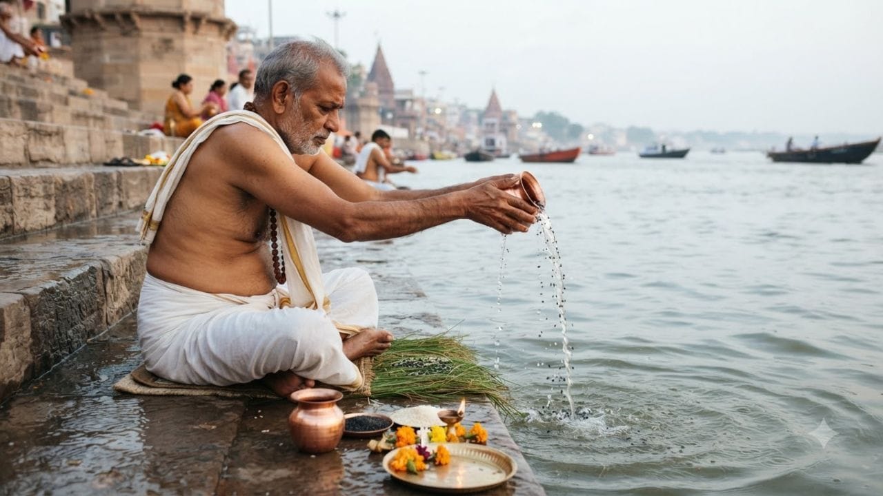 એક લોટામાં ચોખ્ખું પાણી લઈને તેમાં દૂધ, જવ, ચોખા અને ગંગાજળ ભેળવીને તર્પણ કરવાની પ્રથા છે. (Image Source | AI Generated)