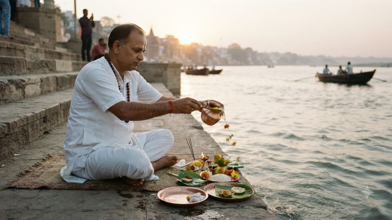 શ્રાદ્ધના દિવસે દક્ષિણ દિશા તરફ મુખ કરીને બેસવું, સાત્વિક ભોજન તૈયાર કરવું અને ગાય, કાગડો, કૂતરો, કીડી તથા દેવતાઓ માટે પંચબલિ કાઢ્યા બાદ બ્રાહ્મણને ભોજન કરાવવાની પરંપરા પણ જણાવવામાં આવી છે. (Image Source | AI Generated)