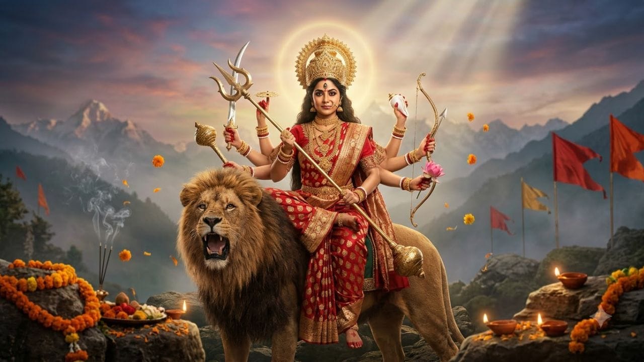 માતા ચંદ્રઘંટા : જ્યારે દીકરીઓ મોટી થાય છે અને તેમના સાસરિયાના ઘરે જવાનું સ્વપ્ન જુએ છે. ત્યારે તેમને દેવી દુર્ગા, દેવી ચંદ્રઘંટાનું ત્રીજું સ્વરૂપ માનવામાં આવે છે. (Image Source | AI Generated)