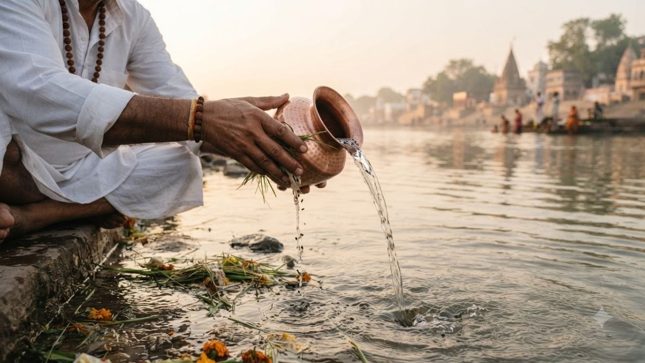 તર્પણ પછી, જરૂરિયાતમંદ વ્યક્તિને ભોજન, કપડાં, અનાજ અથવા તમારી ક્ષમતા મુજબની વસ્તુઓનું દાન કરવાની પણ ધાર્મિક માન્યતા છે. (Image Source | AI Generated)