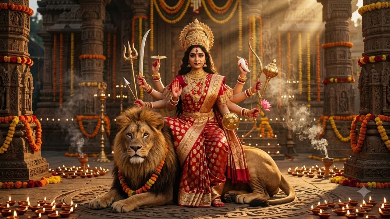 માતા સ્કંદમાતા : જ્યારે તે જ પુત્રી બાળકને જન્મ આપે છે અને તેને સ્તનપાન કરાવે છે, ત્યારે તે સ્કંદમાતા બની જાય છે. માતા દુર્ગાના પાંચમા સ્વરૂપમાં એટલે કે સ્કંદમાતા, દેવીના ખોળામાં એક બાળક પણ હોય છે, જે આનું પ્રતિનિધિત્વ કરે છે. (Image Source | AI Generated)