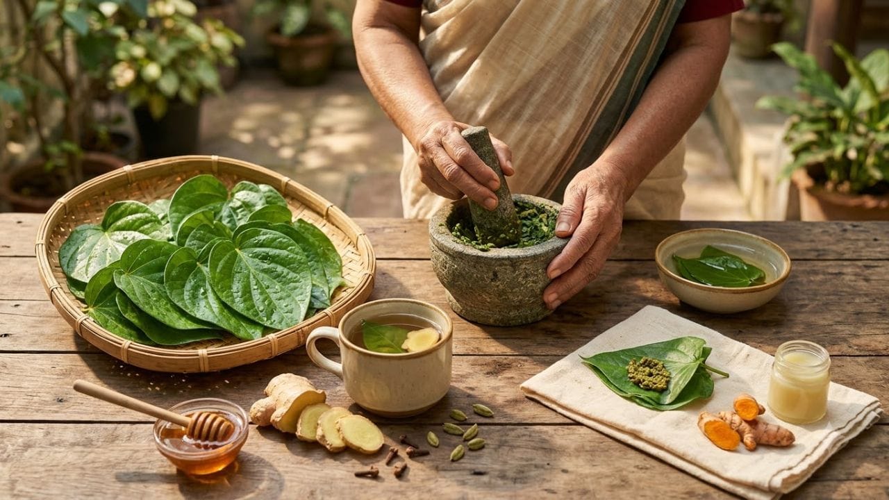 ગળાની ખરાશ અને ઉધરસમાં રાહત: બદલાતા હવામાનમાં ગળામાં ખરાશ અને ઉધરસ થવી સામાન્ય છે. આનાથી રાહત મેળવવા માટે નાગરવેલના એક પાનમાં 3-4 કાળા મરીના દાણા, 1-2 તુલસીના પાન અને થોડી સાકર ઉમેરીને ચાવો અને તેનો રસ ધીમે-ધીમે ગળે ઉતારો. આનાથી ગળું સાફ થાય છે અને ઉધરસમાં તાત્કાલિક રાહત મળે છે.