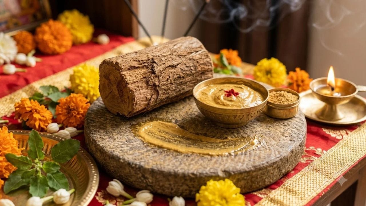 ચંદનને સંસ્કૃતમાં શ્રીખંડમ્ કહેવામાં આવે છે. પૂજામાં દેવી-દેવતાઓને ચંદન અર્પણ કરવાની અને માથા પર તેનું તિલક લગાવવાની પરંપરા લાંબા સમયથી ચાલી આવે છે. ધાર્મિક માન્યતાઓ અનુસાર, શિવલિંગ પર ચંદનનો લેપ કે અભિષેક કરવામાં આવે છે. ભગવાન વિષ્ણુ અને તેમના અવતારોની પૂજામાં સફેદ અને લાલ ચંદન અર્પણ કરવાની પરંપરા છે.