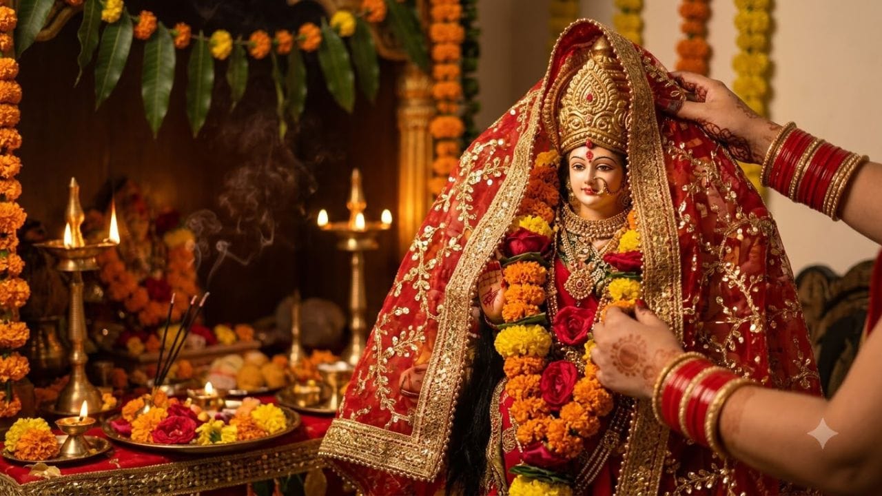 મંદિરમાં ચુંદડી અર્પણ કરવી હોય તો ત્યાંની વ્યવસ્થા મુજબ ચાલવું. કેટલાક મંદિરોમાં ભક્તોએ આપેલી ચુંદડી પૂજારી સ્વીકારે છે. ક્યાંક વસ્ત્ર અર્પણ કરવાના અલગ નિયમો હોય છે. ઘરમાં કુળદેવીની પૂજાની કોઈ વિશેષ પરંપરા હોય તો તેનું ધ્યાન પણ રાખવું. નવરાત્રી દેવી ઉપાસનાનો પર્વ છે. આ દિવસોમાં માતાજી પાસે સાહસ, સદ્બુદ્ધિ અને જીવનમાં મંગળની કામના કરવામાં આવે છે. લાલ રંગને પરંપરાગત રીતે ઊર્જા, શક્તિ અને શુભતાનું પ્રતીક માનવામાં આવે છે. તેથી, દેવીના વસ્ત્રો, ચુંદડી, રોલી (કંકુ) અને ફૂલોમાં આ રંગ ખૂબ જોવા મળે છે.