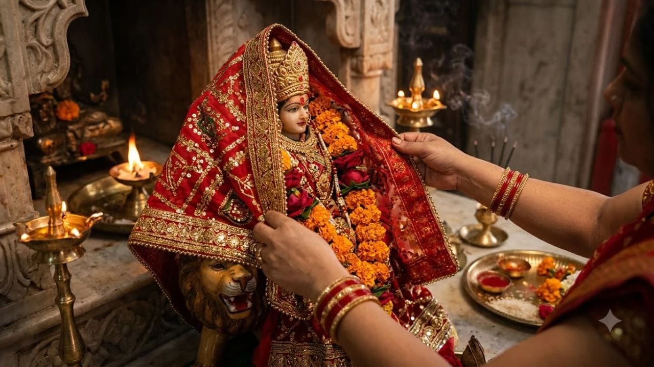 નવરાત્રી આવતા જ માતાજી માટે લાલ ચુંદડી લેવા માટે ભક્તોમાં એક અલગ જ ઉત્સાહ જોવા મળે છે. એવામાં દુકાને પહોંચીએ છીએ ત્યારે લાલ ચુંદડીઓ વચ્ચે નજર પડી જાય છે. તમારા મનમાં પણ સવાલ આવ્યો હશે કે, માતાજીને લાલ રંગની ચુંદડી કેમ ચઢાવવામાં આવે છે? આવા સમયે ચુંદડી પસંદ કરતી વખતે ઘણી વાર મૂંઝવણ પણ થાય છે. ઘરમાં માતાજીની નાની મૂર્તિ હોય તો શું મોટી ચુંદડી લેવી? બજેટ ઓછું હોય તો સાદી ચુંદડી ચાલશે? આવા સવાલો ખાસ કરીને ત્યારે આવે છે, જ્યારે પહેલી વાર પોતાના હાથે દેવીનો શ્રૃંગાર કરી રહ્યા હોઈએ.