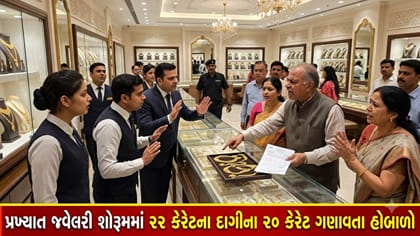 ગોલ્ડ શોરૂમમાં 22 કેરેટના દાગીનાને 20 કેરેટ ગણાવતા હોબાળો ! Video