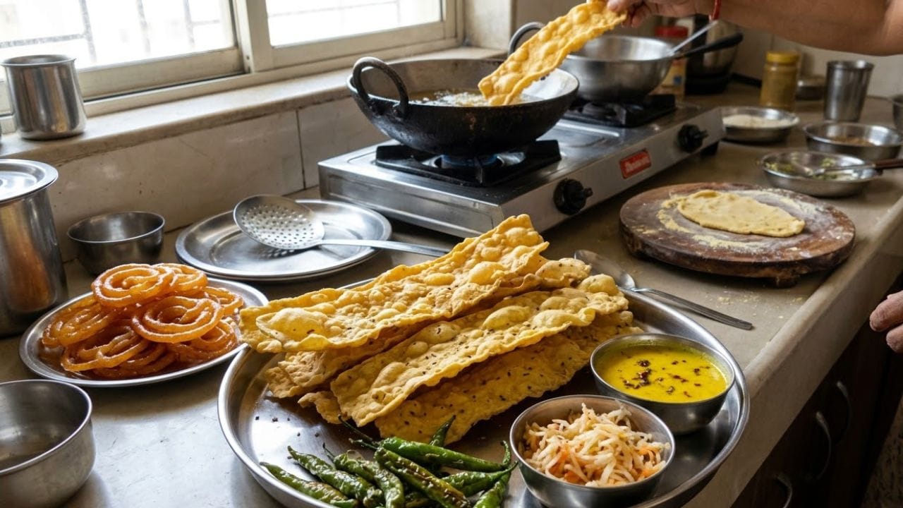 હવે ફાફડાને તળવાની રીત જાણો: એક કડાઈમાં તેલ ગરમ કરો. તેલનું તાપમાન યોગ્ય થાય પછી ફાફડાના પટ્ટાને ધીમેથી તેલમાં નાખો. ફાફડાને મધ્યમથી ધીમા તાપે તળો, જેથી તે સરખી રીતે ચડી શકે અને કરકરા બને. ફાફડા હળવા પીળા રંગના થાય ત્યારે તેને બહાર કાઢી લો. વધારે તાપે તળવાથી ફાફડા ઝડપથી ઘેરા રંગના થઈ શકે છે, તેથી તાપમાનનું ખાસ ધ્યાન રાખવું. તૈયાર ફાફડાને જાળી પર અથવા તેલ શોષી લે એવા કાગળ પર કાઢો.