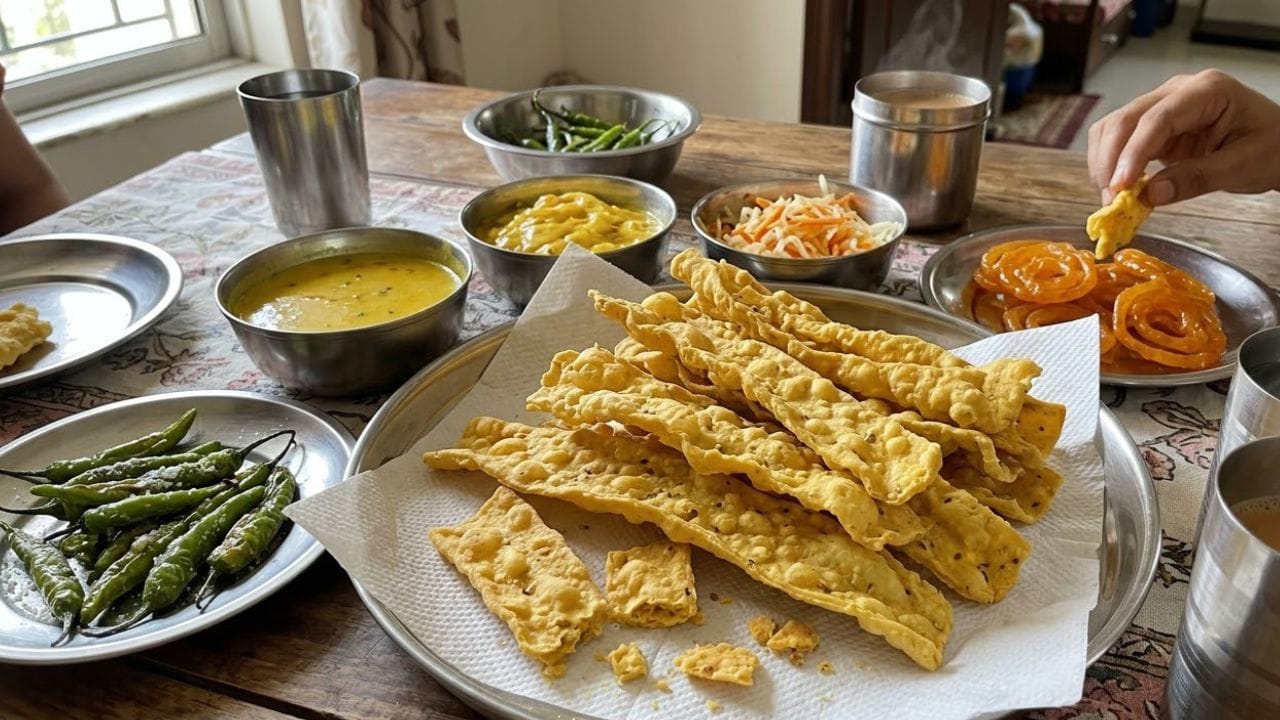 સૌપ્રથમ લોટ તૈયાર કરો: એક મોટા વાસણમાં બેસન લો. તેમાં મીઠું, અજમો અને હિંગ ઉમેરો. ત્યારબાદ તેમાં બે મોટી ચમચી તેલનું મોણ નાખીને બધી સામગ્રી બરાબર મિક્સ કરો. ઇચ્છા મુજબ થોડી હળદર પણ ઉમેરી શકો છો. હવે થોડું-થોડું પાણી નાખીને મધ્યમ કઠણ લોટ બાંધો. લોટ વધારે ઢીલો ન થાય તેનું ધ્યાન રાખવું, કારણ કે યોગ્ય લોટથી જ ફાફડા સરસ આકારમાં બને છે.