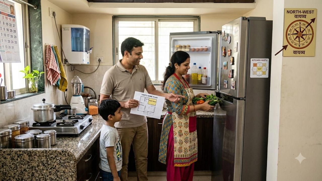 ફ્રિજને ગેસના ચૂલા પાસે કેમ ન રાખવું જોઈએ? વાસ્તુ અનુસાર ગેસનો ચૂલો ‘અગ્નિ તત્વ’ દર્શાવે છે, જ્યારે ફ્રિજ ‘શીતળતા’ (જળ તત્વ) સાથે જોડાયેલું છે. વિરોધી તત્વો સામસામે કે એકદમ અડીને ન હોવા જોઈએ. વ્યવહારિક દ્રષ્ટિએ પણ ગેસ કે ઓવન જેવા ગરમી પેદા કરતા ઉપકરણોની નજીક ફ્રિજ રાખવાથી ફ્રિજના કમ્પ્રેસર પર વધારાનો લોડ પડે છે. આથી બંને વચ્ચે યોગ્ય સુરક્ષિત અંતર રાખવું હિતાવહ છે.