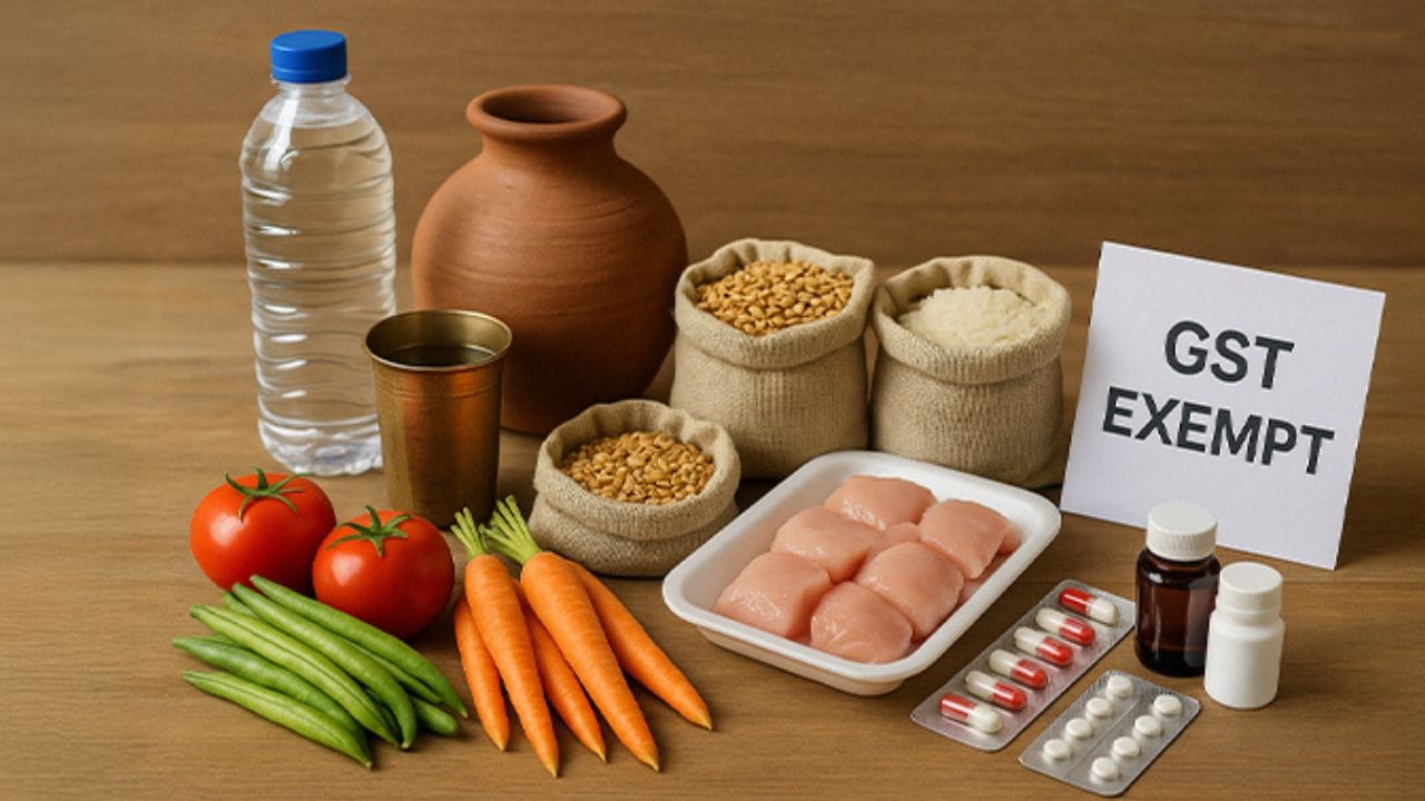 unpackaged ખાદ્ય સામગ્રી : ઘણી તાજી અને પેક ન કરેલી (unpackaged) ખાદ્ય સામગ્રી GSTમાંથી મુક્ત છે. તેમાં તાજું દૂધ, દહીં, લસ્સી અને છાસનો સમાવેશ થાય છે, જ્યારે તે પેક કર્યા વગર અથવા બ્રાન્ડ વગર વેચવામાં આવે છે. છૂટક અનાજ અને મુખ્ય ખોરાક જેવી કે ચોખા, ઘઉં, લોટ (આટા), ચણાનો લોટ (બેસન) અને કઠોળ પણ મુક્તિની શ્રેણીમાં આવે છે. તાજા ફળો અને શાકભાજી જેમાં બટાકા, ડુંગળી અને ટામેટાંનો સમાવેશ થાય છે તે પણ સામાન્ય રીતે GSTમાંથી બાકાત રાખવામાં આવતી આવશ્યક ખાદ્ય વસ્તુઓ છે.