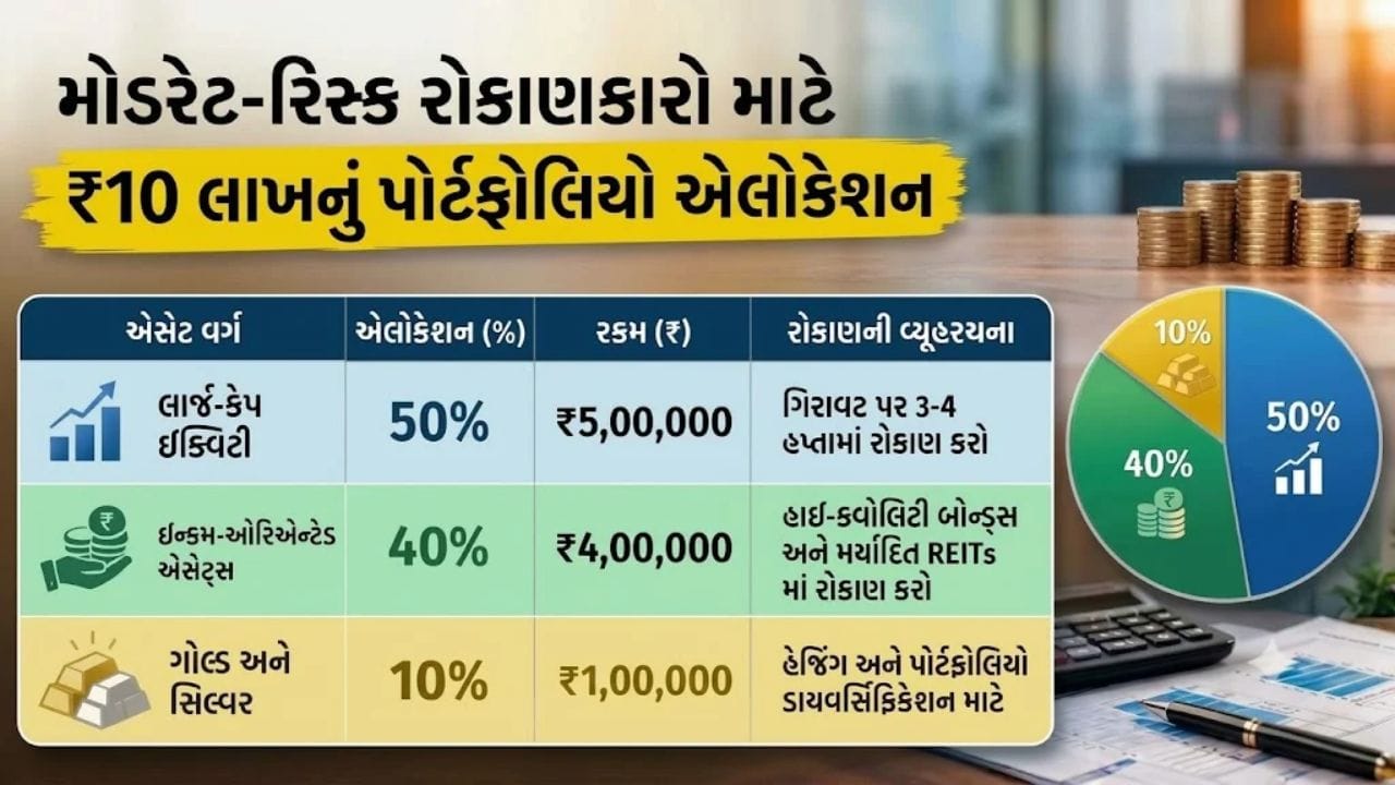 તમને જણાવી દઈએ કે, આ પ્રસ્તાવિત પોર્ટફોલિયો એલોકેશન એક ઉદાહરણ છે અને તેને રોકાણકારના વર્તમાન પોર્ટફોલિયો, નાણાકીય જવાબદારીઓ અને સમયસીમા અનુસાર એડજસ્ટ કરવું જોઈએ. કુલ મળીને, નવા રોકાણ માટે આપણી પહેલી પસંદ ઇક્વિટી છે, સ્થિરતા માટે હાઈ-ક્વોલિટી ફિક્સ્ડ-ઇન્કમ એસેટ્સ અને ડાયવર્સિફિકેશન માટે સોના-ચાંદીમાં એક મર્યાદિત હિસ્સો રાખવો જોઈએ.