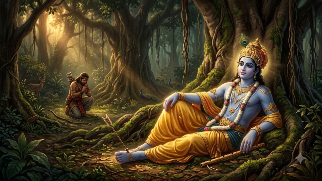 પૌરાણિક કથા અનુસાર, જ્યારે ભગવાન શ્રીકૃષ્ણ એક વૃક્ષ નીચે વિશ્રામ કરી રહ્યા હતા, ત્યારે જંગલમાં એક બહેલિયા (શિકારી)એ ભૂલથી તેમના પગના તળિયાને હરણની આંખ સમજીને તીર મારી દીધું હતું. આ તીર વાગતાં જ શ્રીકૃષ્ણે પોતાની અંતિમ ક્ષણો પૂરી કરી અને વૈકુંઠ ધામ પધાર્યા. શાસ્ત્રોમાં માનવામાં આવે છે કે જે ક્ષણે કૃષ્ણે પૃથ્વી છોડી, એ જ મિનિટે કળિયુગનો પ્રારંભ થઈ ગયો હતો.