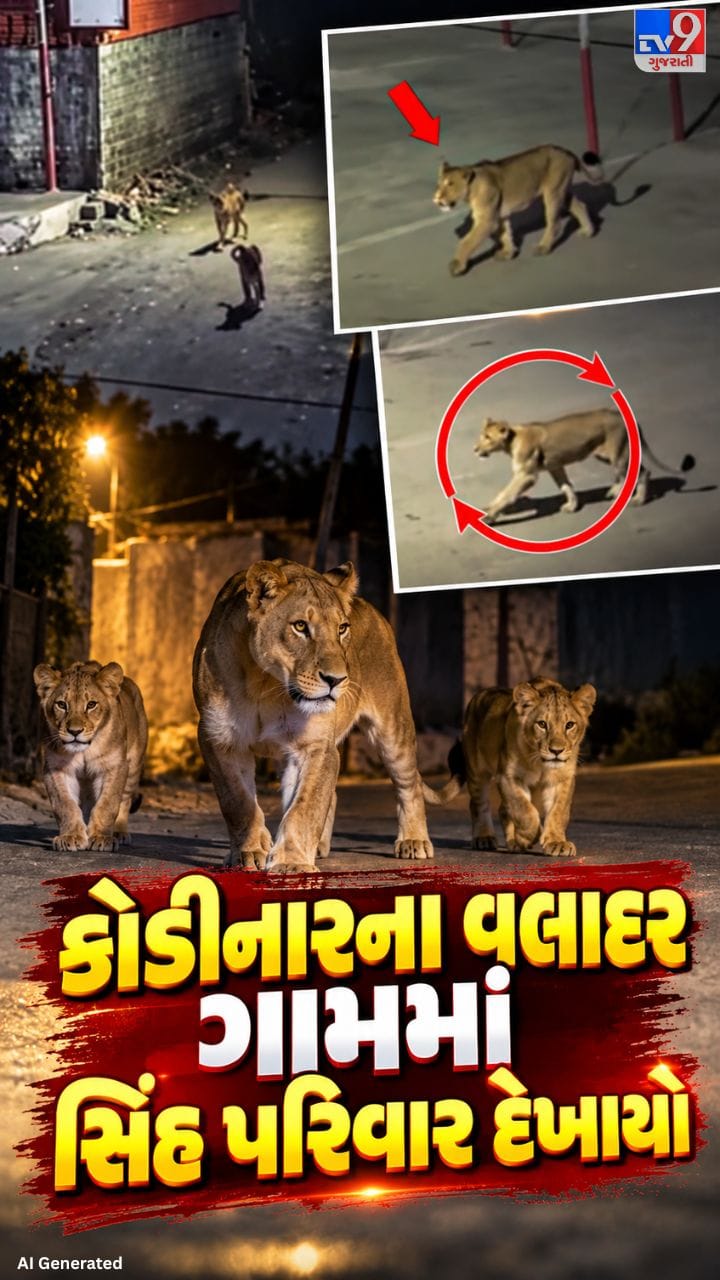 કોડીનારના વલાદર ગામમાં સિંહ પરિવાર દેખાયો