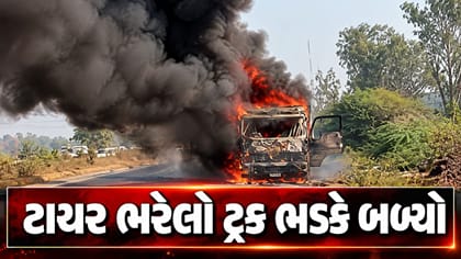 હાલોલ બાયપાસ નજીક ટાયર ભરેલા ટ્રકમાં ભીષણ આગ, જુઓ Video
