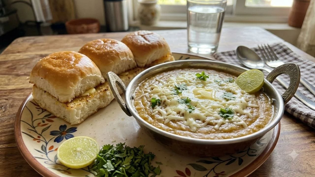 હવે પાઉંને તવા પર મૂકીને ગરમ કરો અને તેના પર બટર લગાવો. હવે ભાજીને એક બાઉલમાં કાઢો, તેમાં ચીઝ છીણીને ઉમેરો અને થોડો લીંબુનો રસ મિક્સ કરો. તમારી લસણ-ડુંગળી વગરની પાઉં ભાજી બનીને તૈયાર છે. બસ હવે તેને ગરમાગરમ પીરસો.