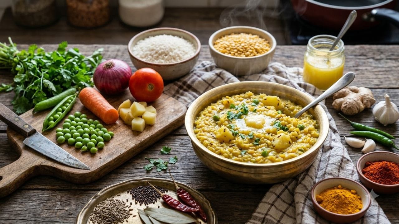 આ રેસિપી તૈયાર કરવા માટે આ સામગ્રી જોઈશે. ચોખા, પીળી મગની દાળ, દૂધી, પાલક (બારીક સમારેલી), ગાજર (છીણેલું), ઘી, જીરું, બારીક સમારેલું લસણ અને આદુની પેસ્ટ, હળદર અને ધાણાજીરું પાઉડર, થોડો ગરમ મસાલો અને કાળા મરીનો પાઉડર, સ્વાદ અનુસાર મીઠું અને પાણી