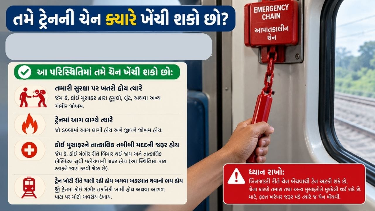 ચેન ખેંચવા પર શું થાય છે?.ટ્રેનની ઈમરજન્સી ચેન ખેંચવા નીકળે તેવો અવાજ સંભળાતો હશો. ભારતીય રેલવેના ઓપરેટિંગ મેનુઅલ અનુસાર એર બ્રેકડ ટ્રેનમાં ઈમરજન્સી ચેન બ્રેક પાઈપ સાથે જોડાયેલી હોય છે. ચેન ખેંચવા પર એક વાલ્વ ખુલે છે. જેનાથી હવા નીકળી જાય છે અને બ્રેકિંગ સિસ્ટમમાં દબાવ ઓછો થઈ જાય છે.