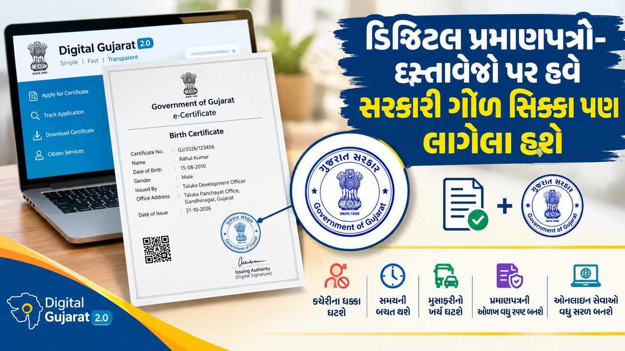 Breaking News : ગુજરાત સરકારનો નિર્ણય હવે ડિજિટલ પ્રમાણપત્રો પર જ હશે સરકારનો રાઉન્ડ સિક્કો, અરજદારોની દોડધામ ઘટશે