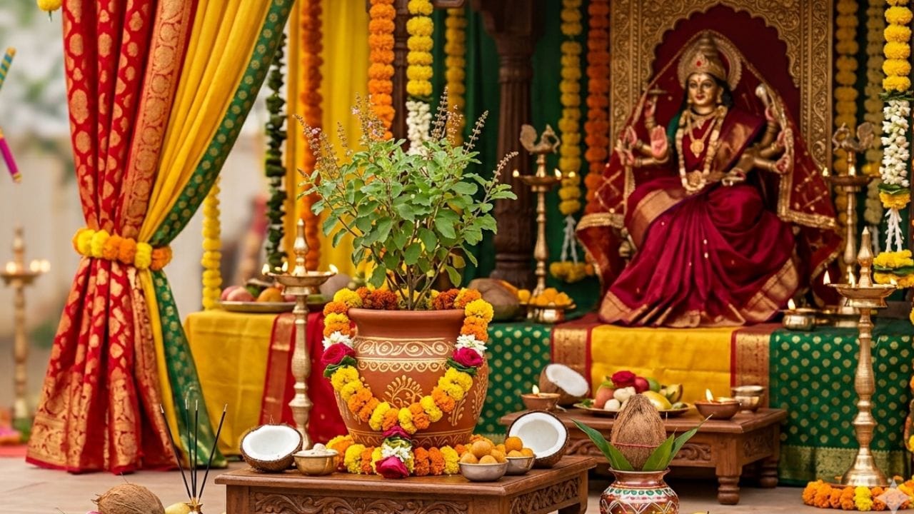 તુલસીનો છોડ : હિન્દુ ધર્મમાં તુલસીના છોડને અત્યંત પવિત્ર માનવામાં આવે છે અને તેનું વિશેષ મહત્વ છે. નવરાત્રિ દરમિયાન તુલસીનો છોડ ઘરે લાવવો શુભ માનવામાં આવે છે. ધાર્મિક માન્યતા છે કે તુલસીના છોડની નિયમિત પૂજા કરવાથી ઘરમાં સુખ, શાંતિ અને સમૃદ્ધિ જળવાઈ રહે છે.